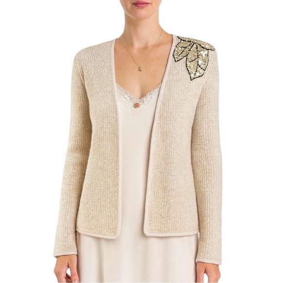 Vintage Wool Blend Cardigan Womens Cream Floral Sequin Sweater Adele Joyce - Picture 1 of 9